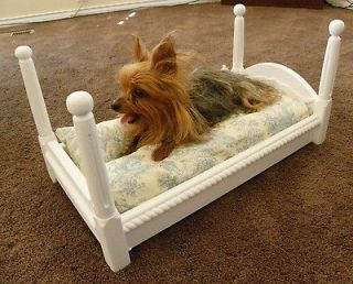 Newly listed new dog cat white wooden bed made USA blue toille pillow 
