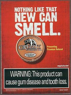 Grizzly Moist Snuff 2012 magazine print ad, chewing tobacco