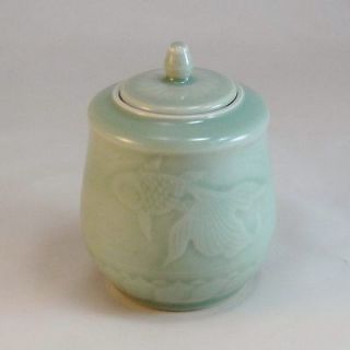 Vintage CELADON  Chinese Longquan Porcelain KOI GOLDFISH   Sugar Dish 