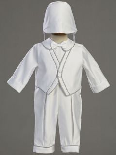 Baby Boys White Christening Baptism Satin Outfit w/Silver Trim 3M 6M 