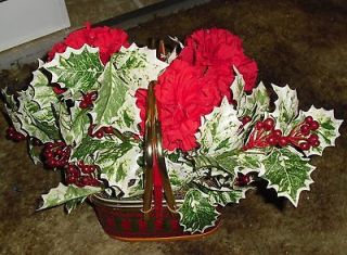 Old Christmas Floral Basket Centerpiece, Fake Holly/red carnations 