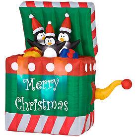 CHRISTMAS ANIMATED JACK IN THE BOX PENGUINS INFLATABLE GEMMY 