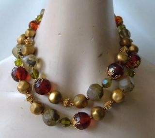 Vtg Deauville Chunky 2 strand Bead Necklace Earth Tones Gold Bronze 