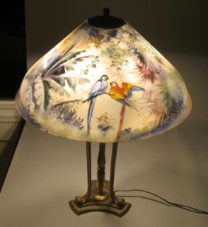 Fabulous Signed Pairpoint Reverse Painted Lamp w/ Parrots Antique 