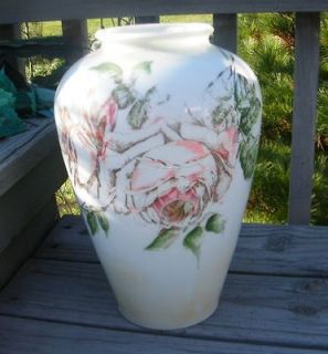   WHITE MILK GLASS HAND PAINTED TALL BALUSTER VASE PINK FLORAL FLOWERS