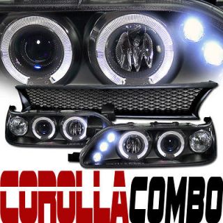   LED PROJECTOR HEADLIGHTS+MESH HOOD GRILL GRILLE 93 97 TOYOTA COROLLA