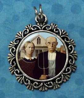 American Gothic Round Silver Pendant, Grant Wood Art, Resin Photo 
