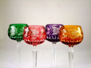   Czech Cased Glass Cut Clear Crystal Wine Glasses Cranberry Amber Green