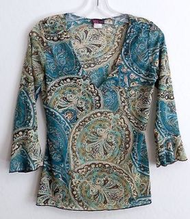 Womens AGENDA Size Small Turquoise and Brown Boho Peasant V Neck Top