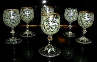   BOHEMIAN HAND PAINTED ENAMELED STAG DEER FAMILY CORDIAL WINE GLASS