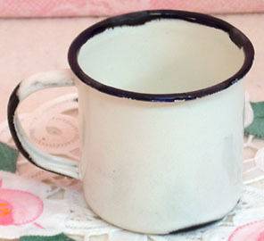 ENAMELWARE MUG White with Black Trim 2.5 in Primitive Country Rustic 