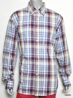 350 NWT Bergdorf Goodman Beige/Blue/Red Plaid Tailored Fit Button Up 