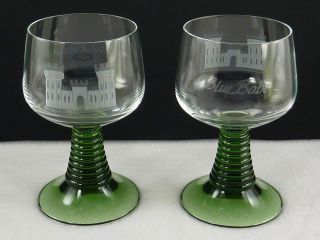   Roemer Green Ribbed Stem Etched Wine Glasses Goblet Blue Babe Castle