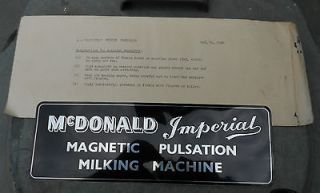 GENUINE Mc DONALD IMPERIAL MILKING MACHINE METAL LIKE SIGN NEW OLD 