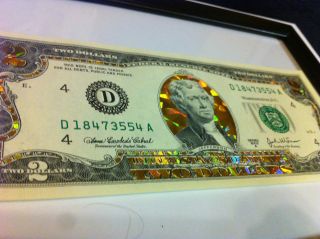 TWO$  22 K GOLD 2 DOLLAR BILL HOLOGRAM COLORIZED LEGAL NOTE  GOLD 