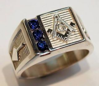 Sterling silver Masonic ring with 3 blue stones