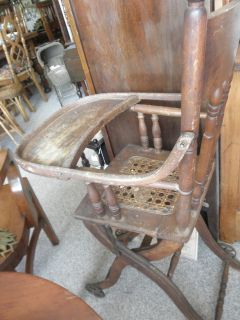   Antique Cane Seat Oak Folding High Chair Stroller Original Will Call