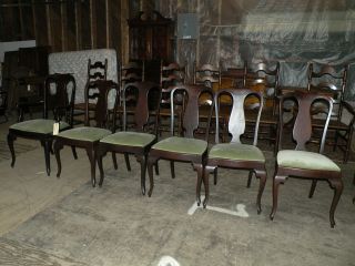 Set of 6 Antique Oak T Back Upholstered Dining Chairs