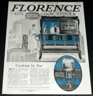   MAGAZINE PRINT AD, FLORENCE OIL COOK STOVES, MORE HEAT LESS CARE, ART