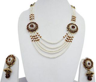   Copper CZ White Pearl Rani Haar Bollywood Wedding Jewelry Set