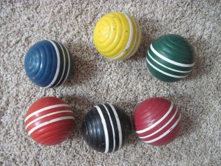 SET OF 6 HTF VINTAGE RIBBED WOOD CROQUET BALLS 2 STRIPES COUNTRY DECOR