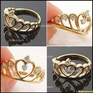 Lovely Golden Tone Love Heart Crystal Rhinestones Crown Ring