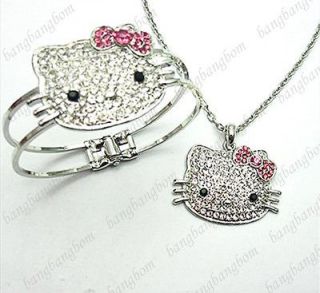   Shiny Cute Crystal Hellokitty Bracelet Bangle Necklace Jewelry Set