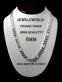 NEW 30 INCH 8MM WHITE GOLD FINISH SILVER FIGARO CHAIN NECKLACE HIGH 