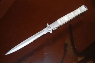 13 INCH PEARL JUMBO ASSISTED ASSIST OPEN STILETTO KNIFE SILVER THUMB 