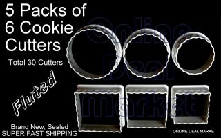 PK Set. Each 6 Plastic Fluted Cookie Cutters Biscuit Assorted Square 