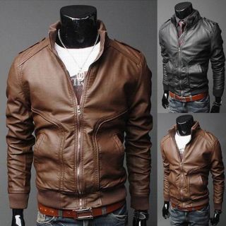 Casual Slim Short Motorcycle Coats Men Winter Mandarin Collar Leather 