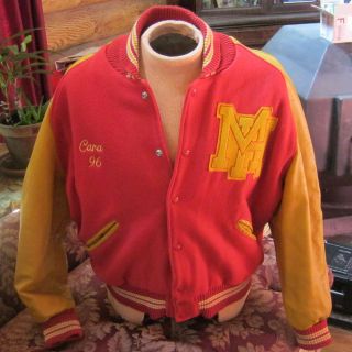 Mens Vintage Letterman Jacket RED Wool Body & Gold Leather Sleeves XL