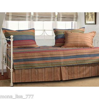 NEW DAYBED REVERSIBLE QUILT SET W/ 3 SHAMS & BED SKIRT BLUE BROWN BED 