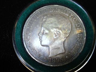   Alfonso XIII 1 Peso5 PTAS Spain Isla de Puerto Rico Rare Coin Genuine