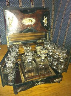 Antique Liquor Chest Liqueur Cabinet Glass Decanters & Cordials