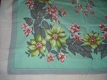 Vintage 50s cotton aquagreen big flowers tablecloth