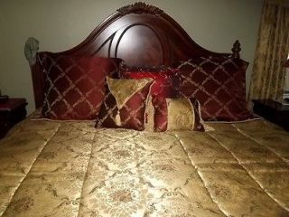15pc Burgundy & Gold King Comforter Set~Throw Pillows & Curtains