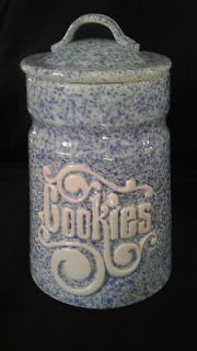   stoneware blue & white cookie jar EUC raised cookies crock RARE