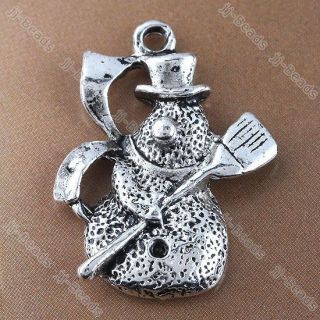 10pc Vintage Silver Tone Snowman With Broom Charm Pendant Beads 