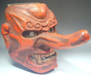   Mask #363 Wooden Red Demon Devil Buddhism Noh Wall Tattoo Art Vtg