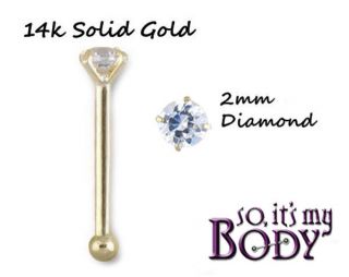 14k SOLID GOLD NOSE RING GENUINE REAL 2.5mm DIAMOND STUD 22g