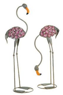   iron pink bead art glass flamingo yard lawn garden statue stakes