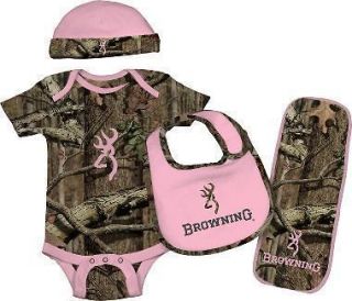 BROWNING BABY CAMO 4 PIECE SET OUTFIT BEANIE BURP BIB TOO CUTE PINK 