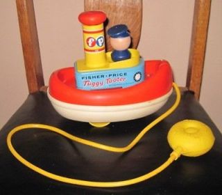 Vtg Fisher Price Tuggy Tooter Pull Toy Boat on Wheels w Moving 