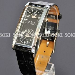   Black Leather Dual TIME analog Quartz Ladies Wrist GIFT Watch 38