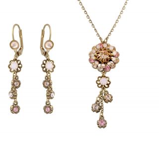   Floral Jewelry Set Pendant, Dangle Earrings w Pink Beige Crystals