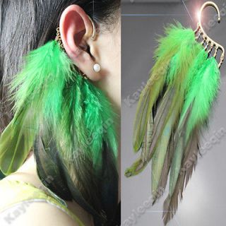   Feather Gold Hook Ear Cuff Earrings Punk Boho Bohemian Hippie Festival