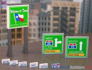 TEX Highway Signs and License Plates Lego, Custom 10185 10182 Texas 