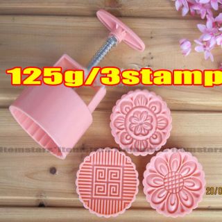   Moon cake Mooncake Round Mold mould 125g & flowers plants 3 stamps F&S