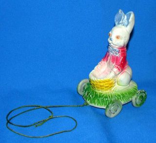 RARE VTG 1940S EASTER BUNNY CHALK CHALKWARE CANDY CONTAINER/PULL TOY